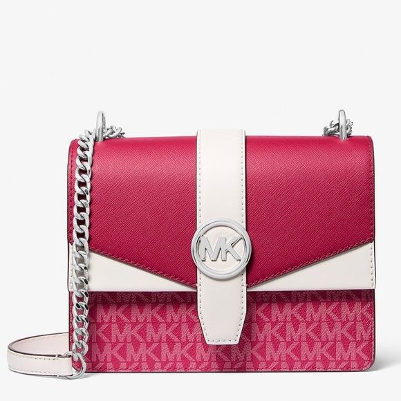 Michael Kors Greenwich Small Color-Block Signature Crossbody Bag Dark Raspberry - Picture 1 of 9